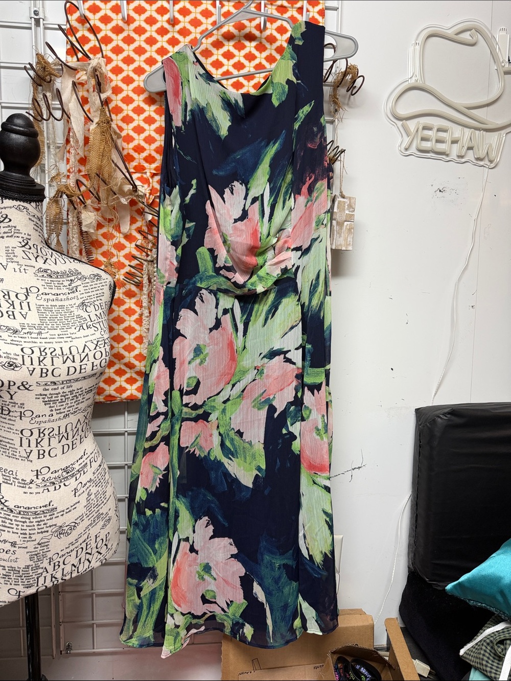 DKNY Navy Maxi Dress with Pink & Green Floral Brushstrokes